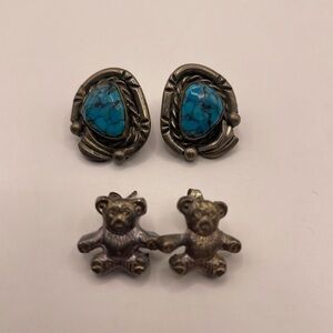 Silver Tone/ Turquoise Earrings & Silver Tone Pewter Teddy Bear Earrings